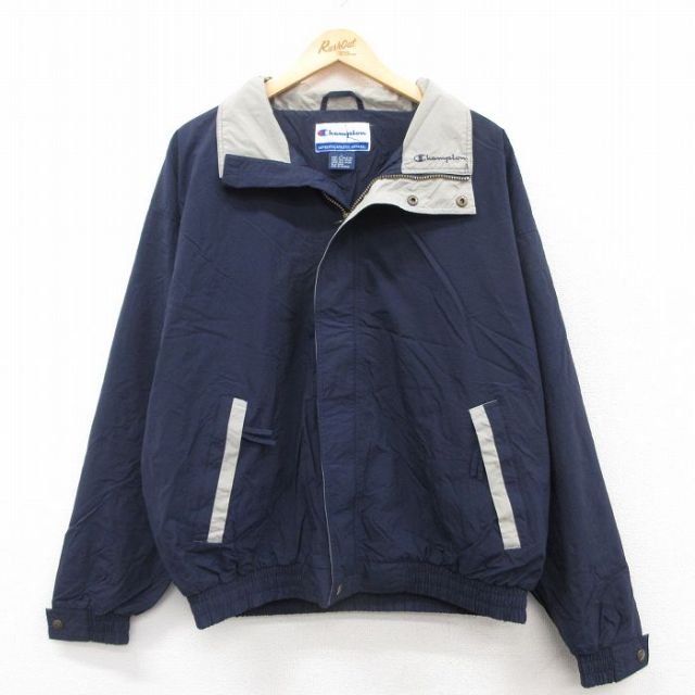 【20%OFF】L★古着 チャンピオン Champion 長袖 ナイロン ジャケット メンズ ワンポイントロゴ 紺 ネイビー 25mar24 中古 アウター ウインドブレーカー
