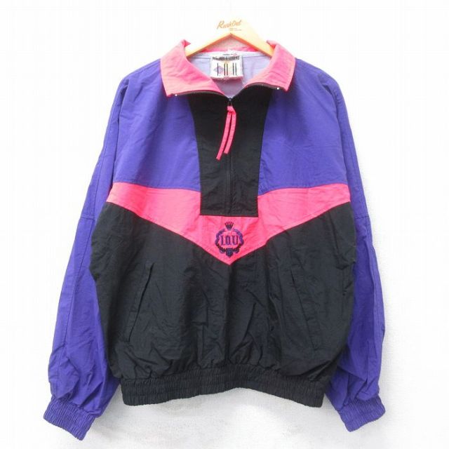【50%OFF】XL★古着 I.O.U. 長袖 ハーフジップ ナイロン ジャケット メンズ 90年代 90s マルチカラー 大きいサイズ 黒他 ブラック 25apr12 中古 アウター ウインドブレーカー