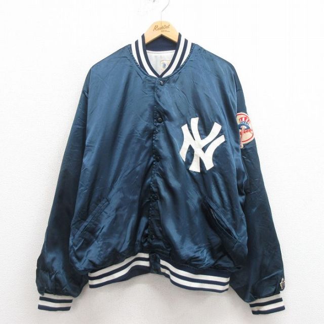 XL★古着 長袖 ナイロン ジャケット メンズ 80年代 80s MLB ニューヨークヤンキース 大きいサイズ USA製 紺 ネイビー メジャーリーグ ベースボール 野球 25aug30 中古 アウター ウインドブレーカー