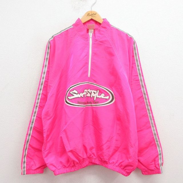 XL★古着 サーフスタイル 長袖 ハーフジップ ナイロン ジャケット メンズ 90年代 90s ビッグロゴ 大きいサイズ ピンク他 25sep04 中古 アウター ウインドブレーカー