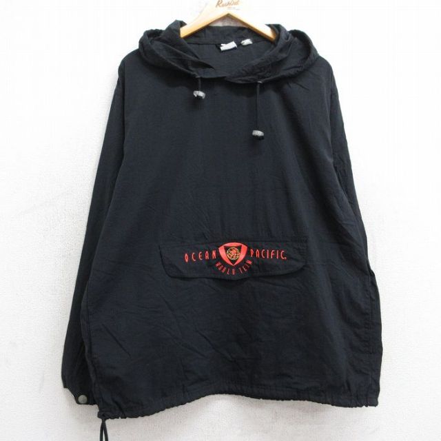 L★古着 オーシャンパシフィック OP 長袖 ナイロン ジャケット アノラック パーカー メンズ 90年代 90s ビッグロゴ 黒 ブラック 【spe】 25sep04 中古 アウター ウインドブレーカー