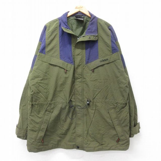 XL★古着 アディダス adidas 長袖 ナイロン ジャケット メンズ 90年代 90s ワンポイントロゴ 大きいサイズ ロング丈 緑系他 グリーン 【spe】 25sep16 中古 アウター ウインドブレーカー