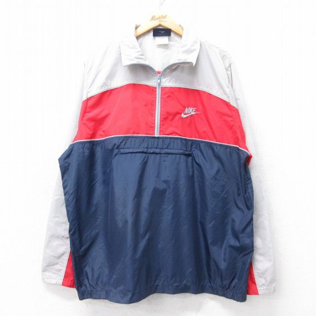 L★古着 ナイキ NIKE 長袖 ハーフジップ ナイロン ジャケット メンズ 80年代 80s ワンポイントロゴ マルチカラー 紺他 ネイビー 【spe】 25sep16 中古 アウター ウインドブレーカー