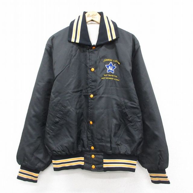 XL★古着 長袖 ナイロン ジャケット メンズ 80年代 80s 星AL 襟付き 大きいサイズ USA製 黒 ブラック 内側キルティング 25sep20 中古 アウター ウインドブレーカー