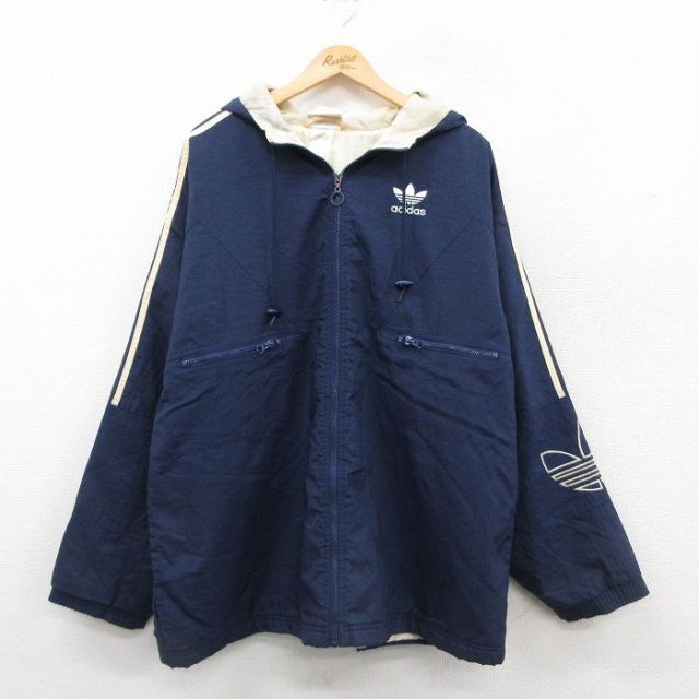 XL★古着 アディダス adidas 長袖 ナイロン ジャケット パーカー メンズ 00年代 00s ワンポイントロゴ リーフ トレフォイル 大きいサイズ 濃紺 ネイビー 25sep25 中古 アウター ウインドブレーカー