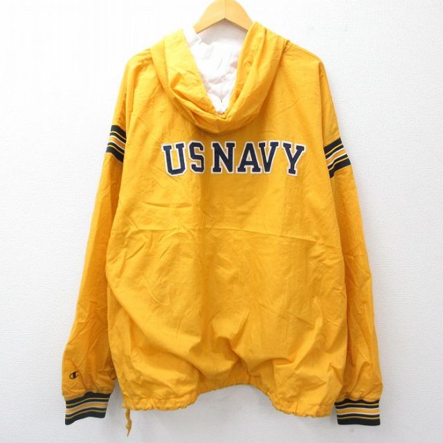 XL★古着 チャンピオン Champion 長袖 ハーフジップ ナイロン ジャケット パーカー メンズ 00年代 00s ミリタリー USネイビー 刺繍 大きいサイズ ロング丈 黄他 イエロー 【spe】 25oct14 中古 アウター ウインドブレーカー