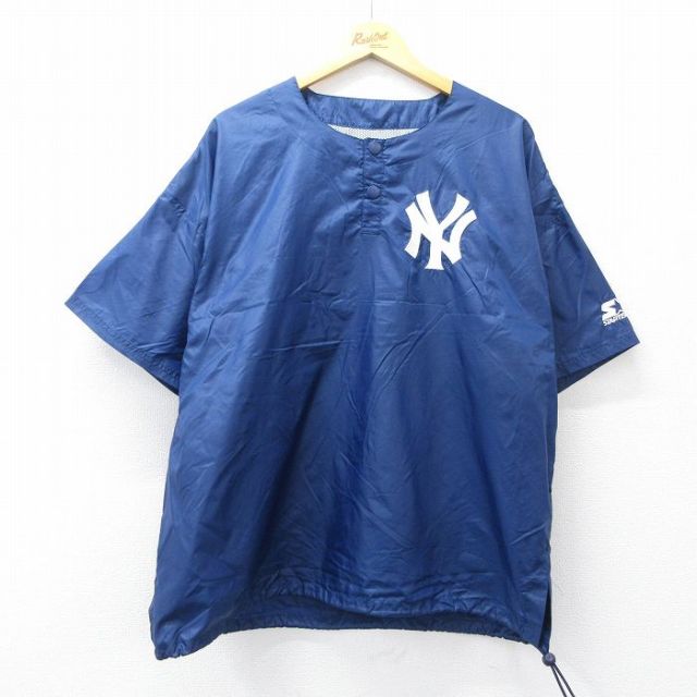 XL★古着 スターター STARTER 半袖 ナイロン ジャケット メンズ MLB ニューヨークヤンキース ヘンリーネック 紺 ネイビー メジャーリーグ ベースボール 野球 内側メッシュ 25oct14 中古 アウター ウインドブレーカー