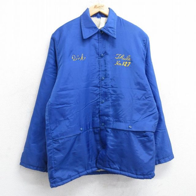 M★古着 長袖 ナイロン ジャケット メンズ 80年代 80s チェーンステッチ刺繍 青 ブルー 内側ボア 25oct20 中古 アウター ウインドブレーカー