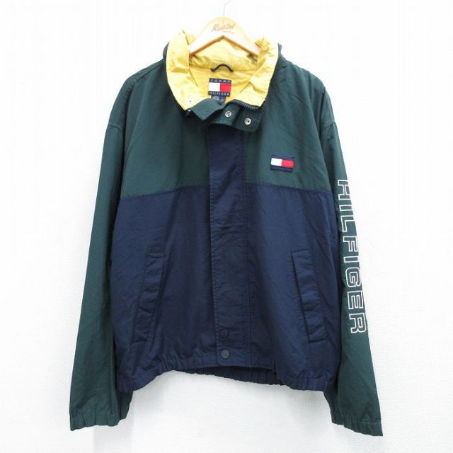 XL★古着 トミーヒルフィガー TOMMY HILFIGER 長袖 ブランド ナイロン ジャケット メンズ 90年代 90s ビッグロゴ 大きいサイズ 緑他 グリーン 内側メッシュ 25oct24 中古 アウター ウインドブレーカー