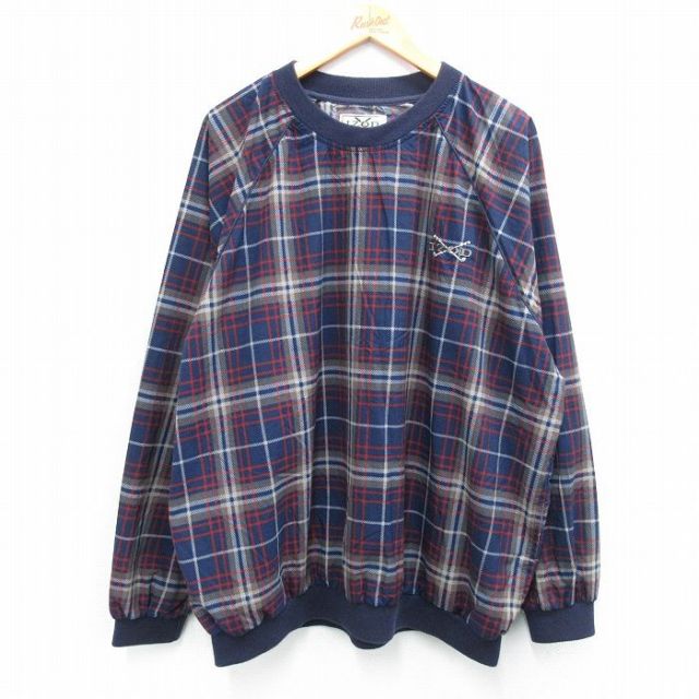 XL★古着 IZOD 長袖 ナイロン ジャケット メンズ 90年代 90s ワンポイントロゴ ラグラン 大きいサイズ クルーネック 紺他 ネイビー チェック 25oct24 中古 アウター ウインドブレーカー