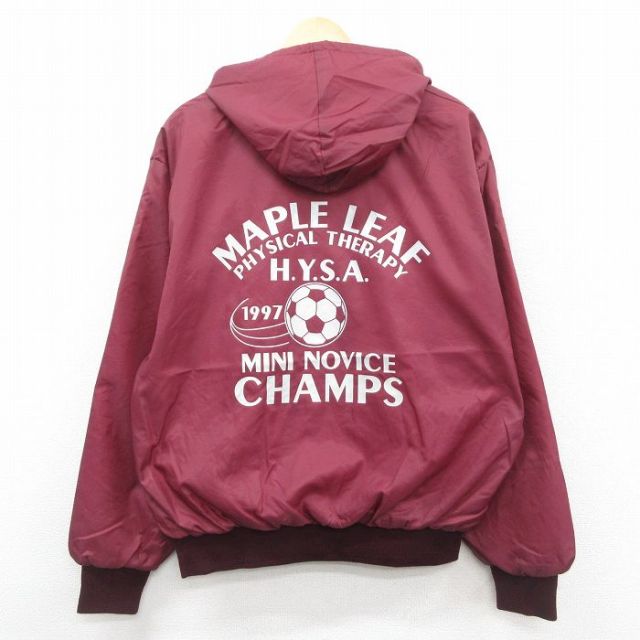 XL★古着 長袖 ハーフジップ ナイロン ジャケット パーカー メンズ 90年代 90s サッカー メイプルリーフ 大きいサイズ USA製 エンジ 25oct28 中古 アウター ウインドブレーカー