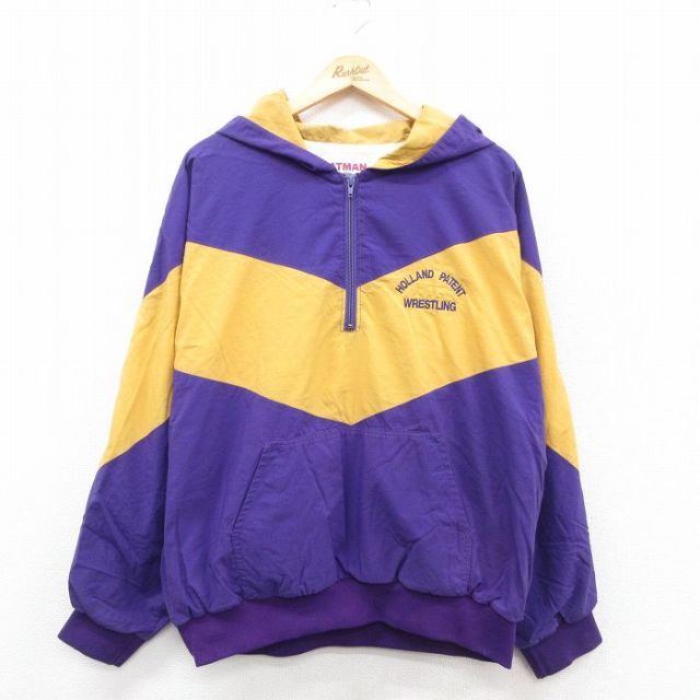 XL★古着 長袖 ハーフジップ ナイロン ジャケット パーカー メンズ 90年代 90s レスリング ツートンカラー 大きいサイズ USA製 紫他 パープル 25oct30 中古 アウター ウインドブレーカー