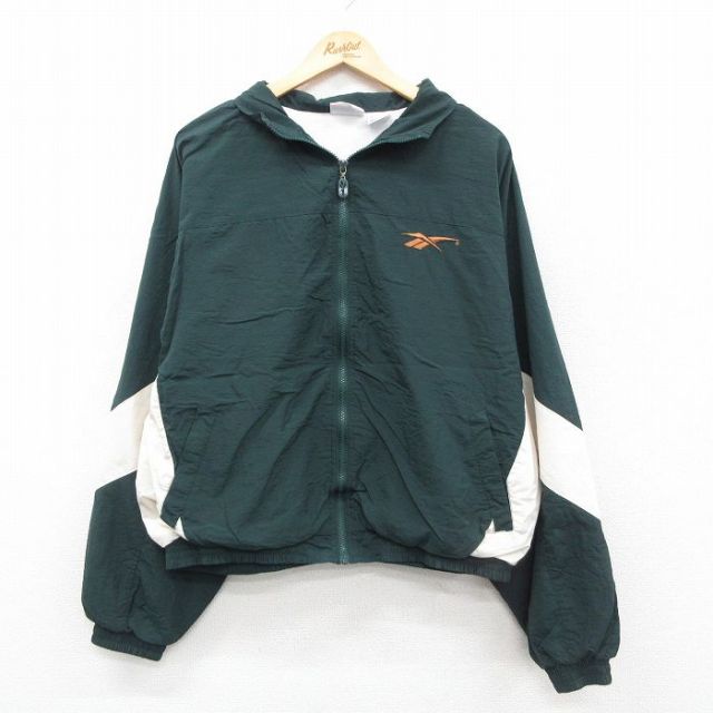 XL★古着 リーボック REEBOK 長袖 ナイロン ジャケット メンズ 90年代 90s ビッグロゴ 刺繍 濃緑他 グリーン 【spe】 25oct31 中古 アウター ウインドブレーカー