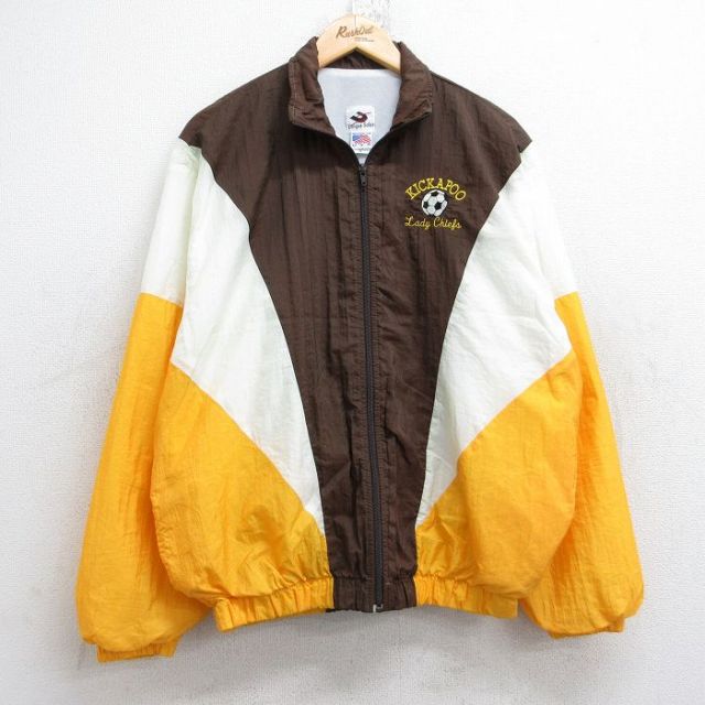 L★古着 長袖 ナイロン ジャケット メンズ 90年代 90s サッカー KICKAPOO マルチカラー USA製 茶他 ブラウン 25nov04 中古 アウター ウインドブレーカー
