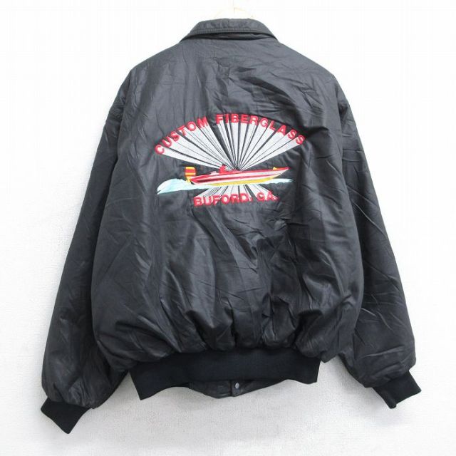 L★古着 Dunbrooke 長袖 ナイロン ジャケット メンズ 80年代 80s CUSTOM FIBERGLASS 刺繍 USA製 黒 ブラック 内側キルティング 【spe】 25nov04 中古 アウター ウインドブレーカー