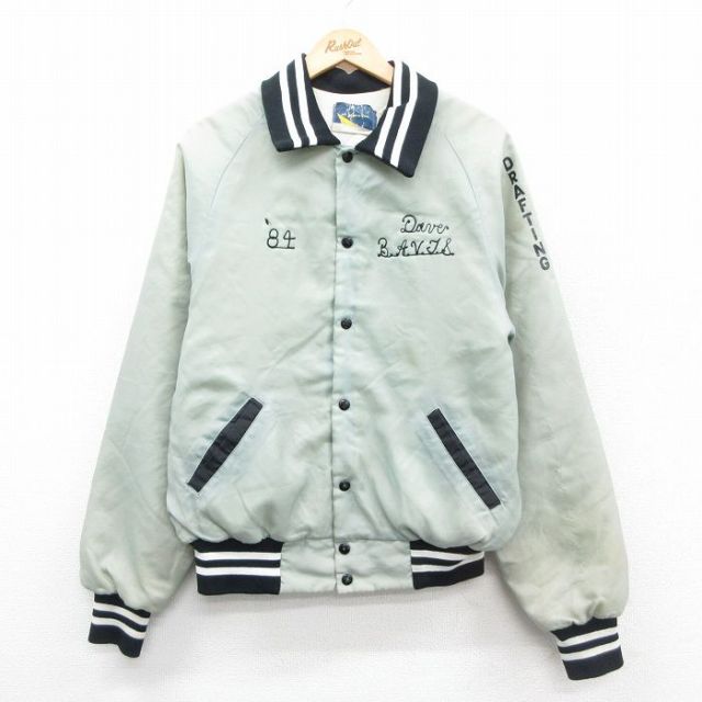 XL★古着 マジェスティック 長袖 ナイロン ジャケット メンズ 80年代 80s 定規 コンパス スクール 襟付き ラグラン USA製 グレー 内側キルティング 25nov04 中古 アウター ウインドブレーカー