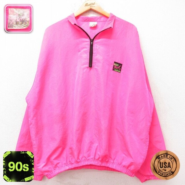 【50%OFF】90s ハーフジップナイロンジャケット ワンポイントロゴ ピンク XL | 古着