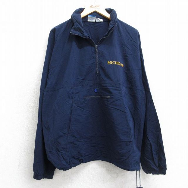 L★古着 チャンピオン champion 長袖 ハーフジップ ナイロン ジャケット メンズ 90年代 90s ワンポイントロゴ ミシガン ラグラン 紺 25nov18
