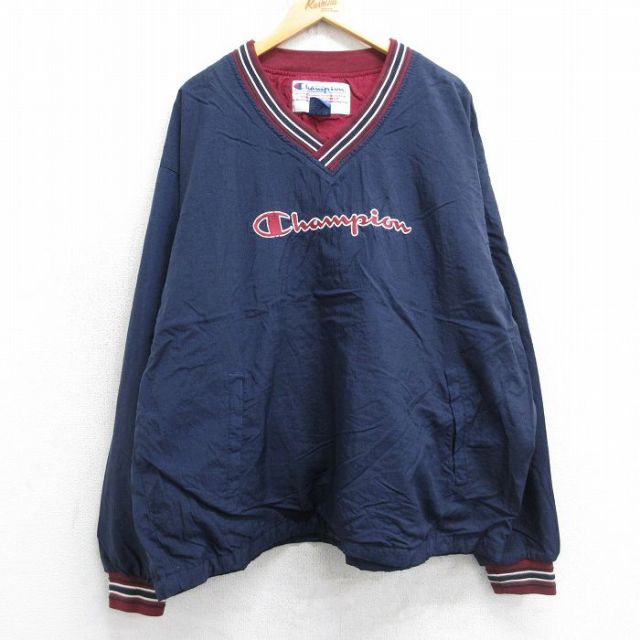 XL★古着 チャンピオン champion 長袖 ナイロン ジャケット メンズ 00年代 00s ビッグロゴ 刺繍 大きいサイズ Vネック 紺 25nov18