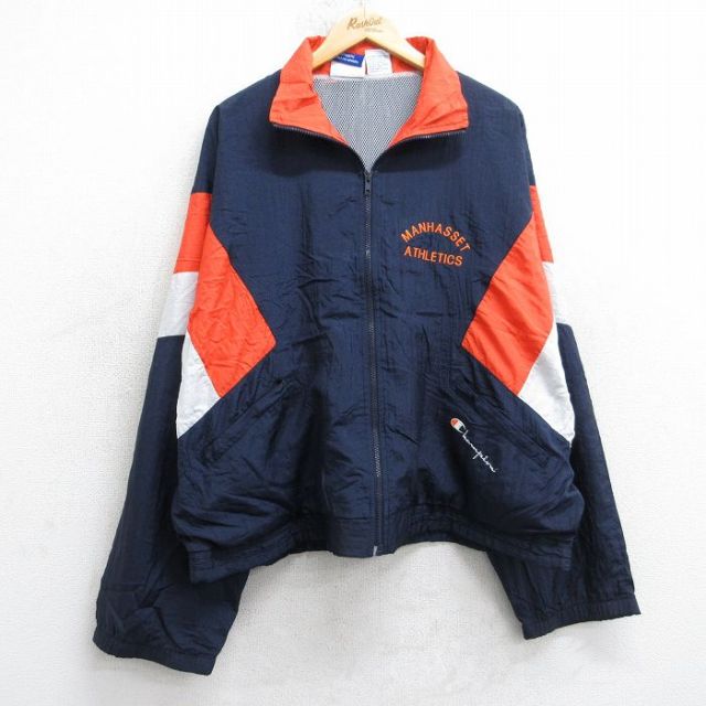 XL★古着 チャンピオン champion 長袖 ナイロン ジャケット メンズ 00年代 00s ワンポイントロゴ マンハセット マルチカラー 大きいサイズ 紺他 内側メッシュ 25nov18