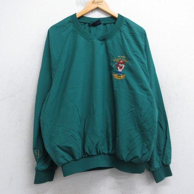 L★古着 キングルイ 長袖 ナイロン ジャケット メンズ 90年代 90s ルーニーテューンズ タズ ラグラン Vネック USA製 緑 25nov18