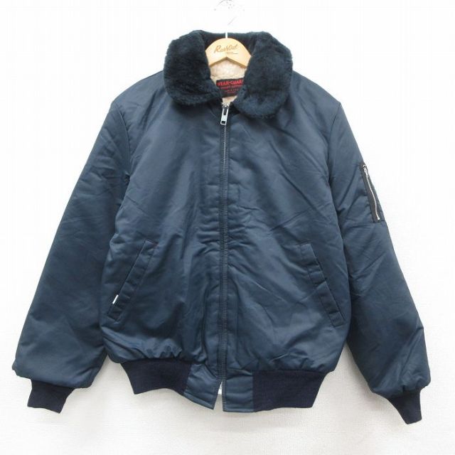M★古着 Wear Guard 長袖 ナイロン ジャケット メンズ 80年代 80s 襟ファー USA製 紺 内側ボア 25nov20