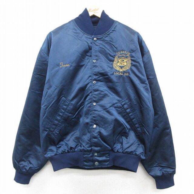 XL★古着 長袖 ナイロン ジャケット メンズ 90年代 90s ティーネック 大きいサイズ USA製 紺 内側キルティング 25dec04