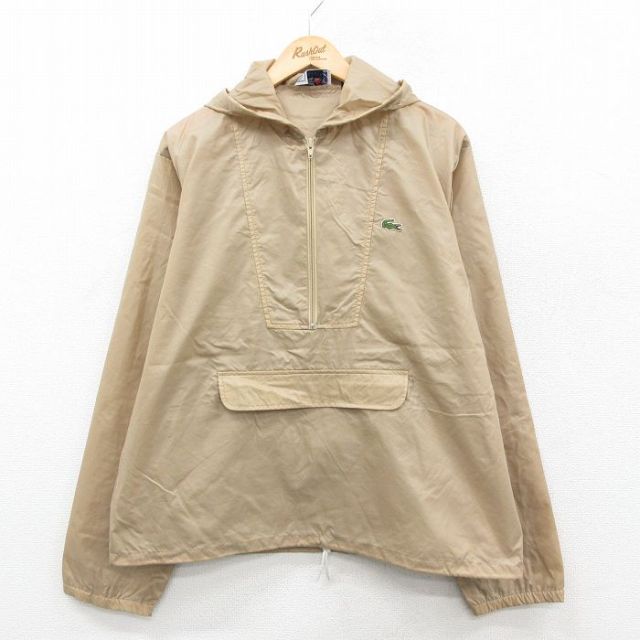 L★古着 ラコステ LACOSTE IZOD 長袖 ブランド ハーフジップ ナイロン ジャケット アノラック パーカー メンズ 90年代 90s ワンポイントロゴ ベージュ 25dec06