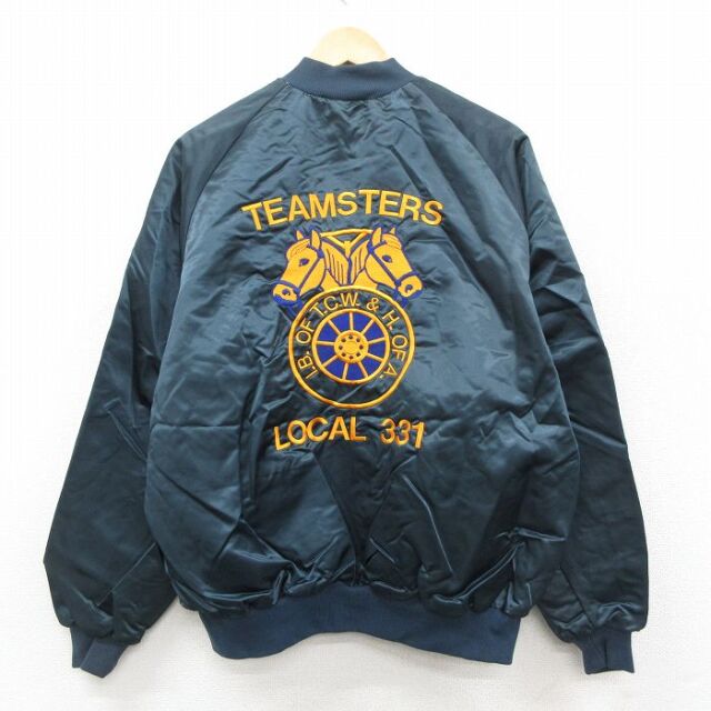 L★古着 長袖 ナイロン ジャケット メンズ 90年代 90s TEAMSTERS 馬 刺繍 ラグラン USA製 紺 25dec13
