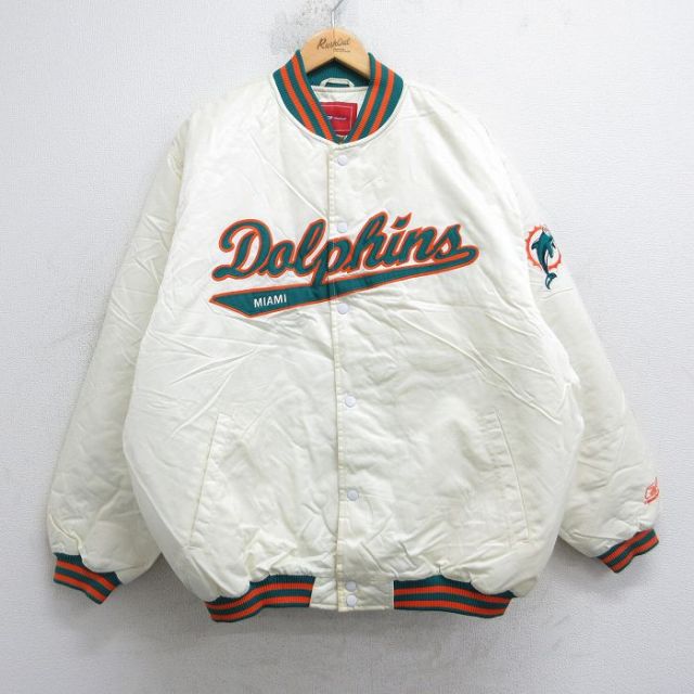 XL★古着 リーボック REEBOK 長袖 ナイロン ジャケット スタジャン メンズ 00年代 00s NFL マイアミドルフィンズ 大きいサイズ 白 アメフト スーパーボウル 内側キルティング 25dec18