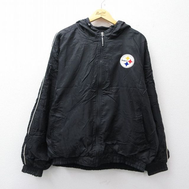 XL★古着 リーボック 長袖 ナイロン ジャケット パーカー メンズ 00年代 00s NFL ピッツバーグスティーラーズ 刺繍 リバーシブル 黒他 アメフト スーパーボウル 26jan05