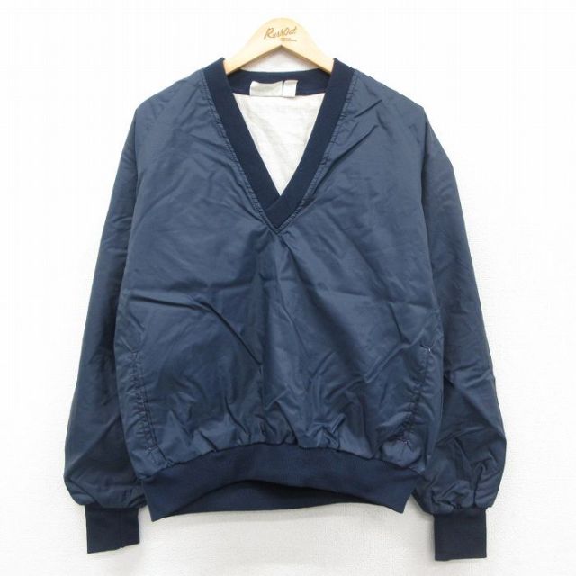 L★古着 長袖 ナイロン ジャケット メンズ 90年代 90s ラグラン Vネック USA製 濃紺 26jan28