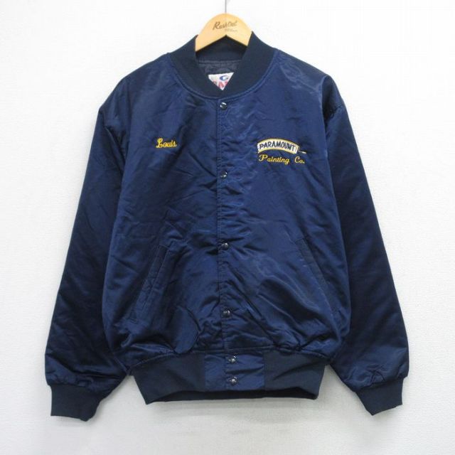 XL★古着 長袖 ナイロン ジャケット メンズ 90年代 90s PARAMOUNT 大きいサイズ USA製 紺 内側キルティング 26feb06