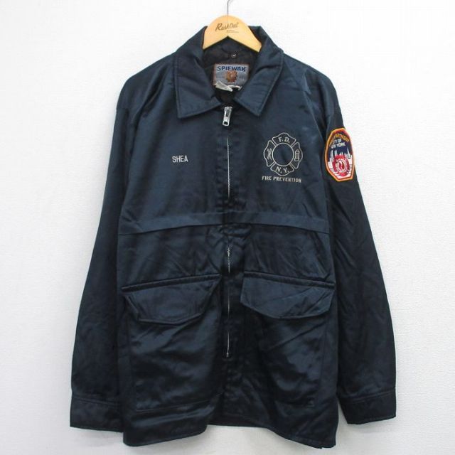 XL★古着 長袖 ナイロン ジャケット メンズ 90年代 90s 消防署 刺繍 ロング丈 USA製 濃紺系 26feb06