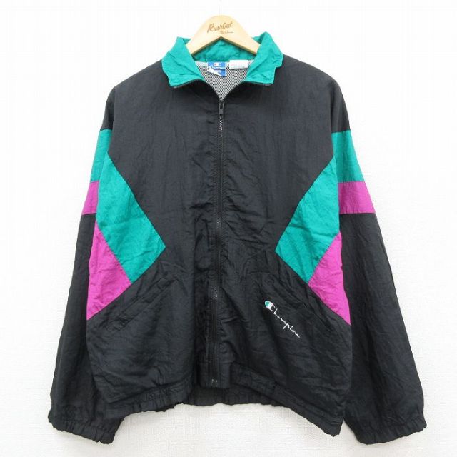 【20%OFF】チャンピオン 90s ナイロンジャケット ワンポイントロゴ ブラック L | 古着