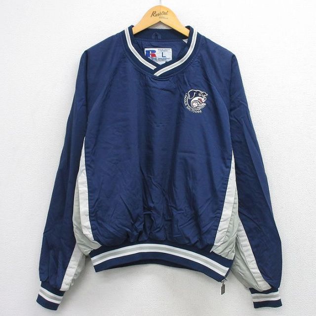 XL★古着 ラッセル 長袖 ナイロン ジャケット メンズ 00年代 00s LINCOLN SALTDOGS ラグラン Vネック 紺他 26mar02