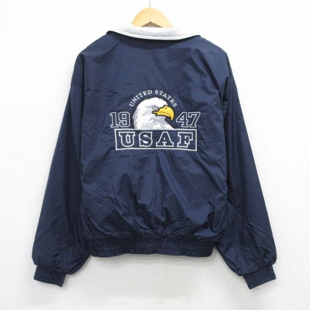 L★古着 長袖 ナイロン ジャケット メンズ 00年代 00s ミリタリー USエアフォースUSネイビー 刺繍 濃紺 26mar07