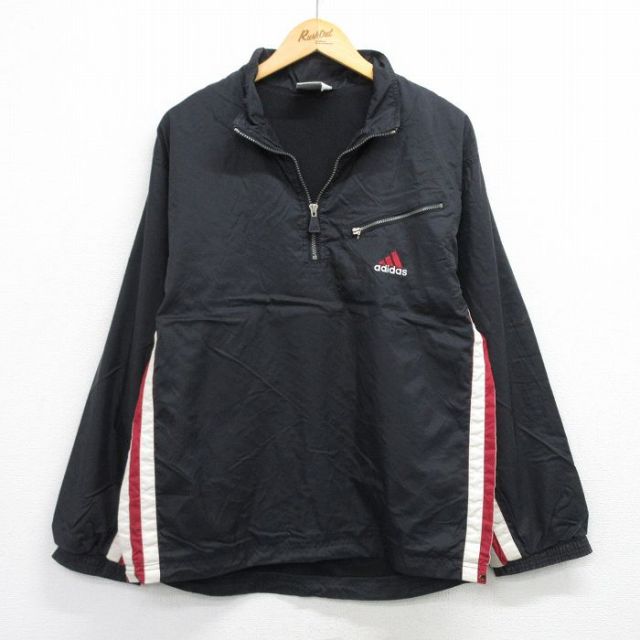 M★古着 アディダス adidas 長袖 ハーフジップ ナイロン ジャケット メンズ 90年代 90s ワンポイントロゴ 黒他【spe】 26mar07