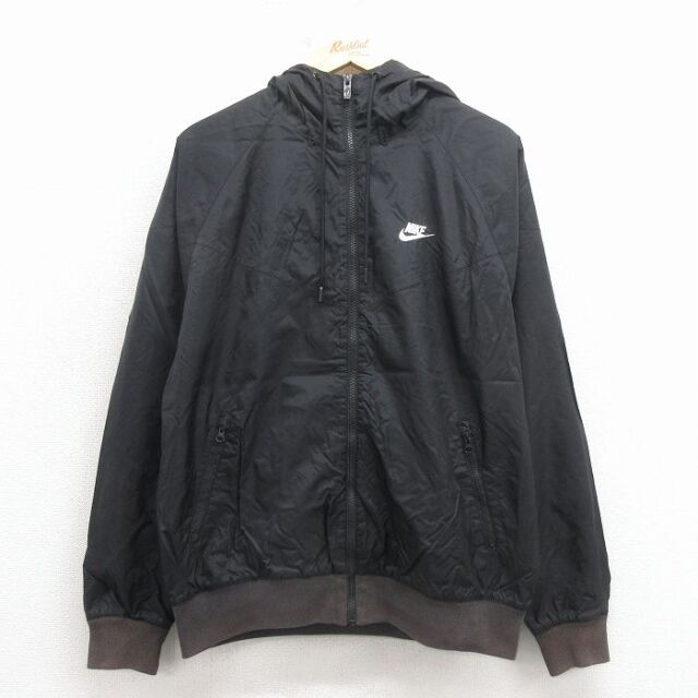 L★古着 ナイキ NIKE 長袖 ナイロン ジャケット パーカー メンズ ワンポイントロゴ ラグラン 黒 内側メッシュ 26mar09