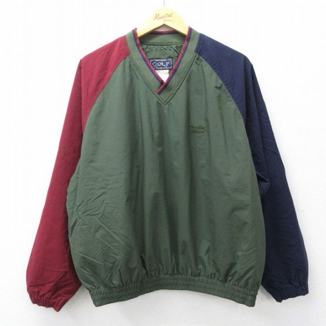 L★古着 長袖 ナイロン ジャケット メンズ マルチカラー ラグラン Vネック 緑他 26mar12