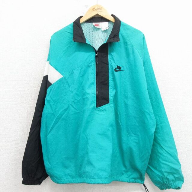 XL★古着 ナイキ NIKE 長袖 ハーフジップ ナイロン ジャケット メンズ 90年代 90s ワンポイントロゴ 大きいサイズ ラグラン 青緑【spe】 26mar17