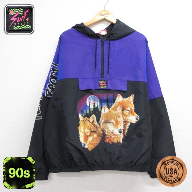 Surf Style 90年代 アノラックジャケット ウルフ柄 ブラック メンズXL相当 | 古着