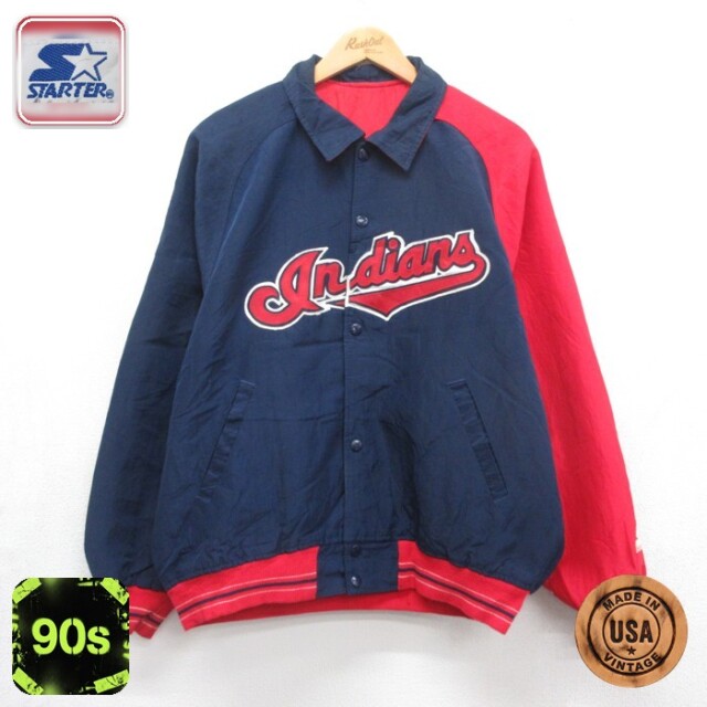 スターター 90s ナイロンジャケット MLBインディアンス ネイビー メンズL相当 | 古着