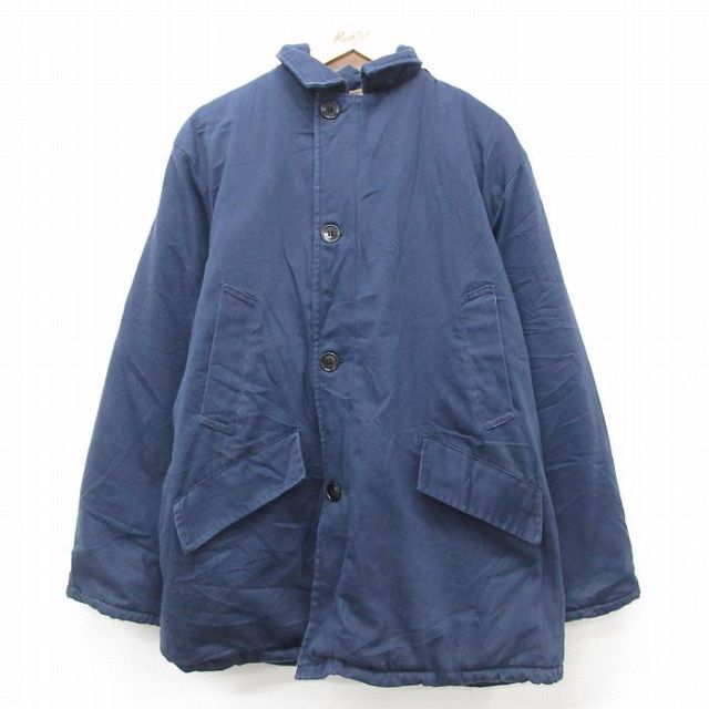 【50%OFF】XL★古着 長袖 ジャケット パーカー メンズ 80年代 80s ロング丈 紺 ネイビー 内側キルティング フード内側ボア 25jan30 中古 アウター ジャンパー ブルゾン