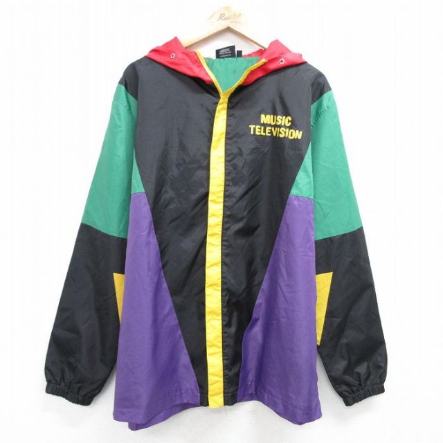 XL★古着 長袖 ジャケット パーカー メンズ MTV ミュージックテレビジョン マルチカラー 大きいサイズ 黒他 ブラック 【spe】 25feb03 中古 アウター ジャンパー ブルゾン