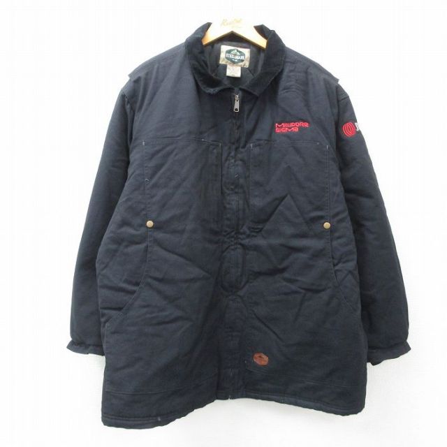 【20%OFF】XL★古着 長袖 ジャケット メンズ ダック地 大きいサイズ ロング丈 コットン 黒 ブラック 内側キルティング 25feb08 中古 アウター ジャンパー ブルゾン
