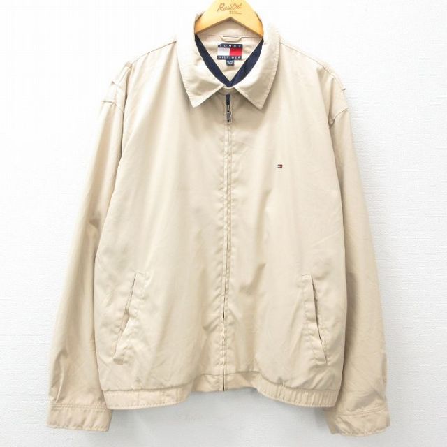 XL★古着 トミーヒルフィガー TOMMY HILFIGER 長袖 ブランド ジャケット スイングトップ メンズ 90年代 90s ワンポイントロゴ 大きいサイズ ベージュ カーキ 25feb12 中古 アウター ジャンパー ブルゾン