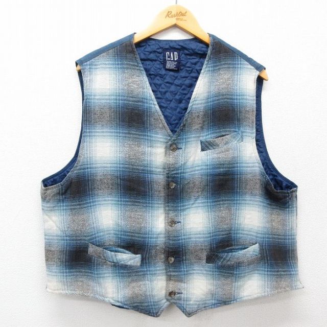 XL★古着 ギャップ GAP ベスト メンズ 90年代 90s コットン 薄紺他 ネイビー オンブレ チェック 内側キルティング 【spe】 25feb12 中古 アウター
