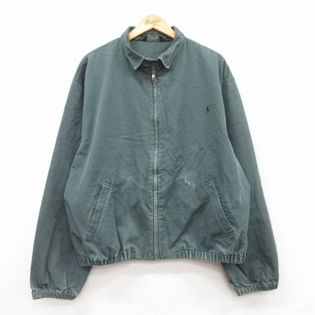 XL★古着 ラルフローレン Ralph Lauren 長袖 ブランド ジャケット スイングトップ メンズ 90年代 90s ワンポイントロゴ 大きいサイズ コットン USA製 緑系 グリーン 【spe】 25feb13 中古 アウター ジャンパー ブルゾン