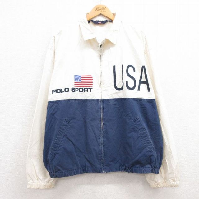 XL★古着 ラルフローレン Ralph Lauren ポロスポーツ 長袖 ブランド ジャケット メンズ ビッグロゴ USAロゴ 大きいサイズ コットン 紺他 ネイビー 【spe】 25feb14 中古 アウター ジャンパー ブルゾン